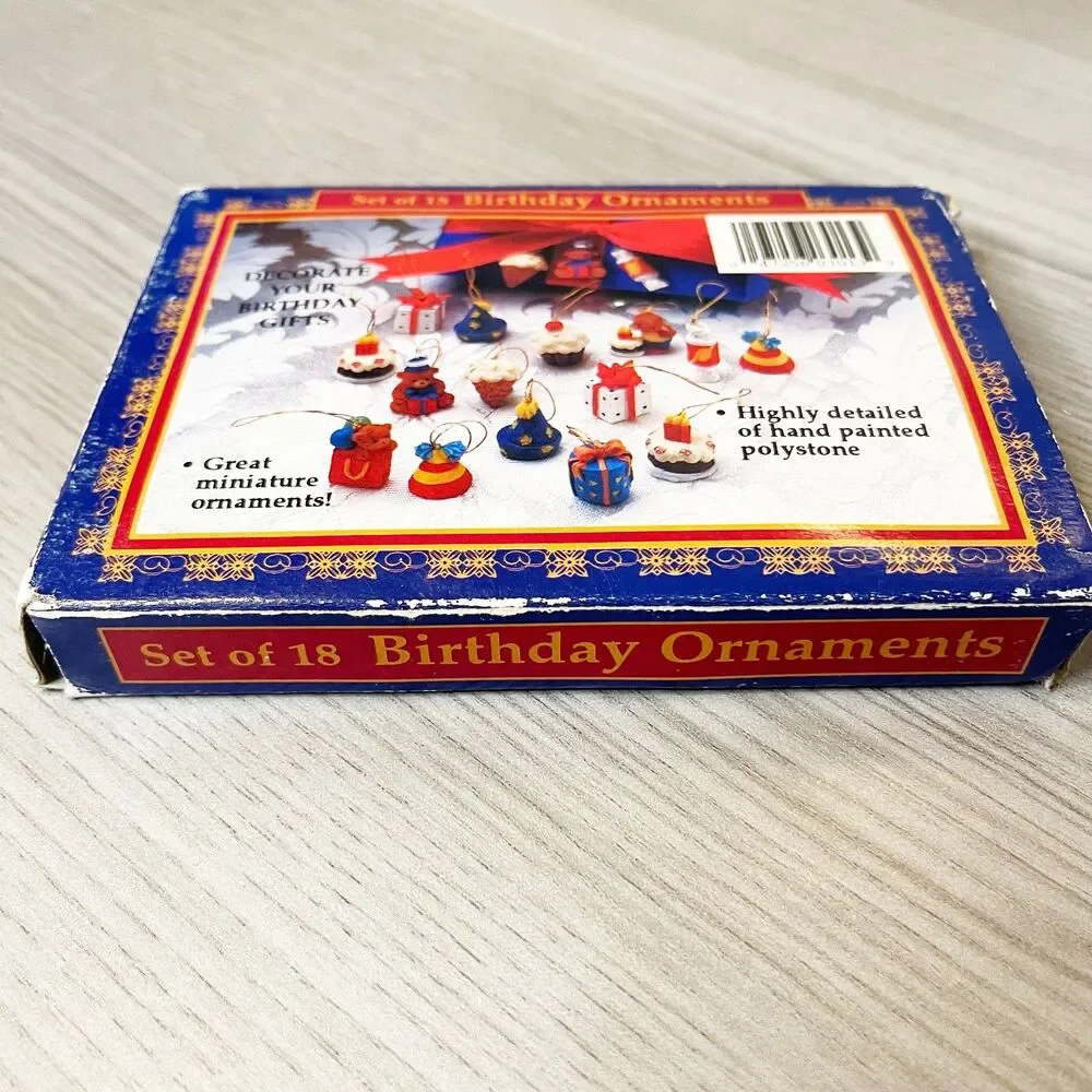 Vintage Set of 18 Birthday Miniature Ornaments Gift Package Tie On Polystone NIB - Picture 4 of 4